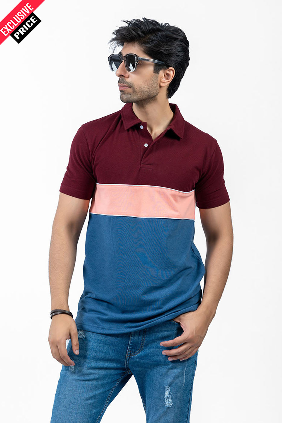 Men's Color Block Polo Shirt (Burgundy, Pink, Blue)