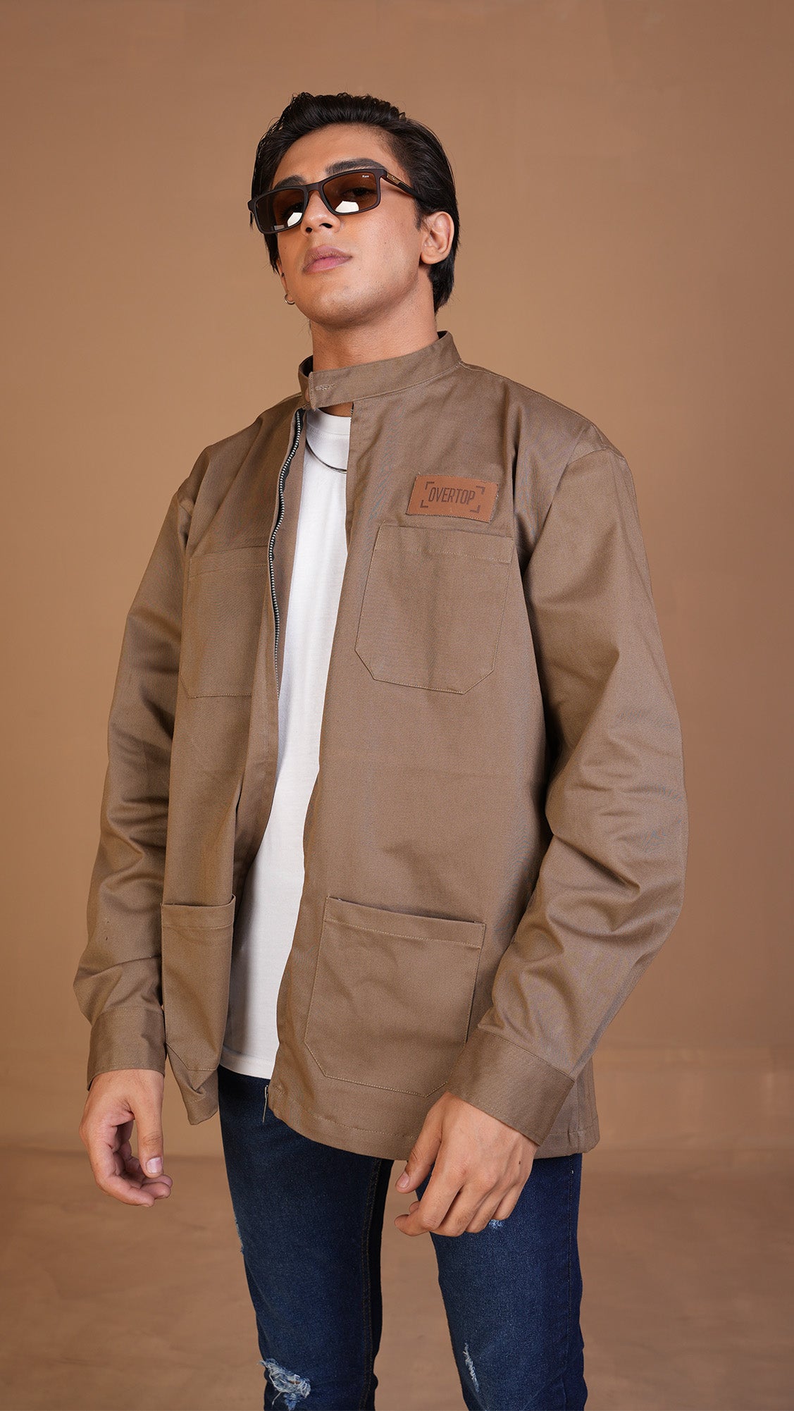 KHAKI BROWN ZIPPER OVERSHIRT