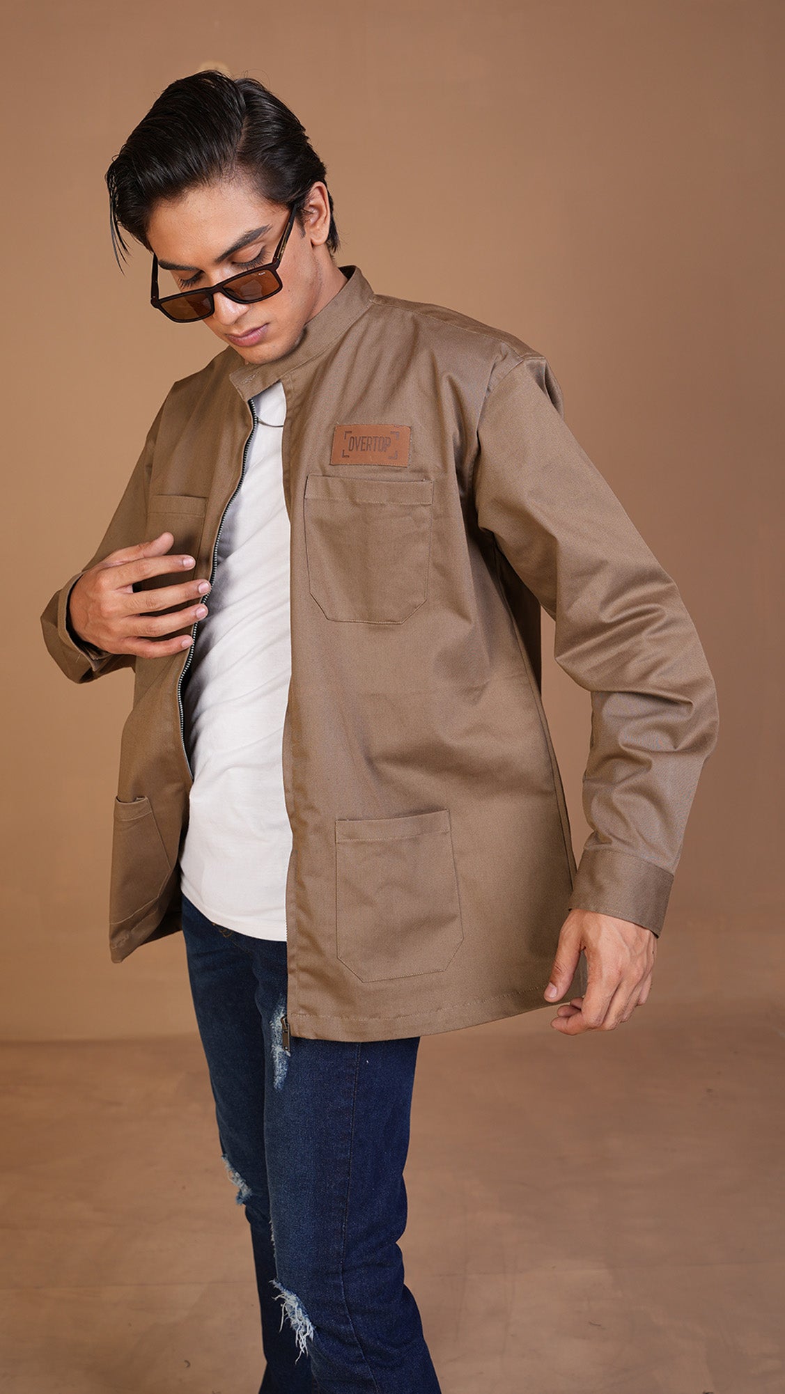 KHAKI BROWN ZIPPER OVERSHIRT