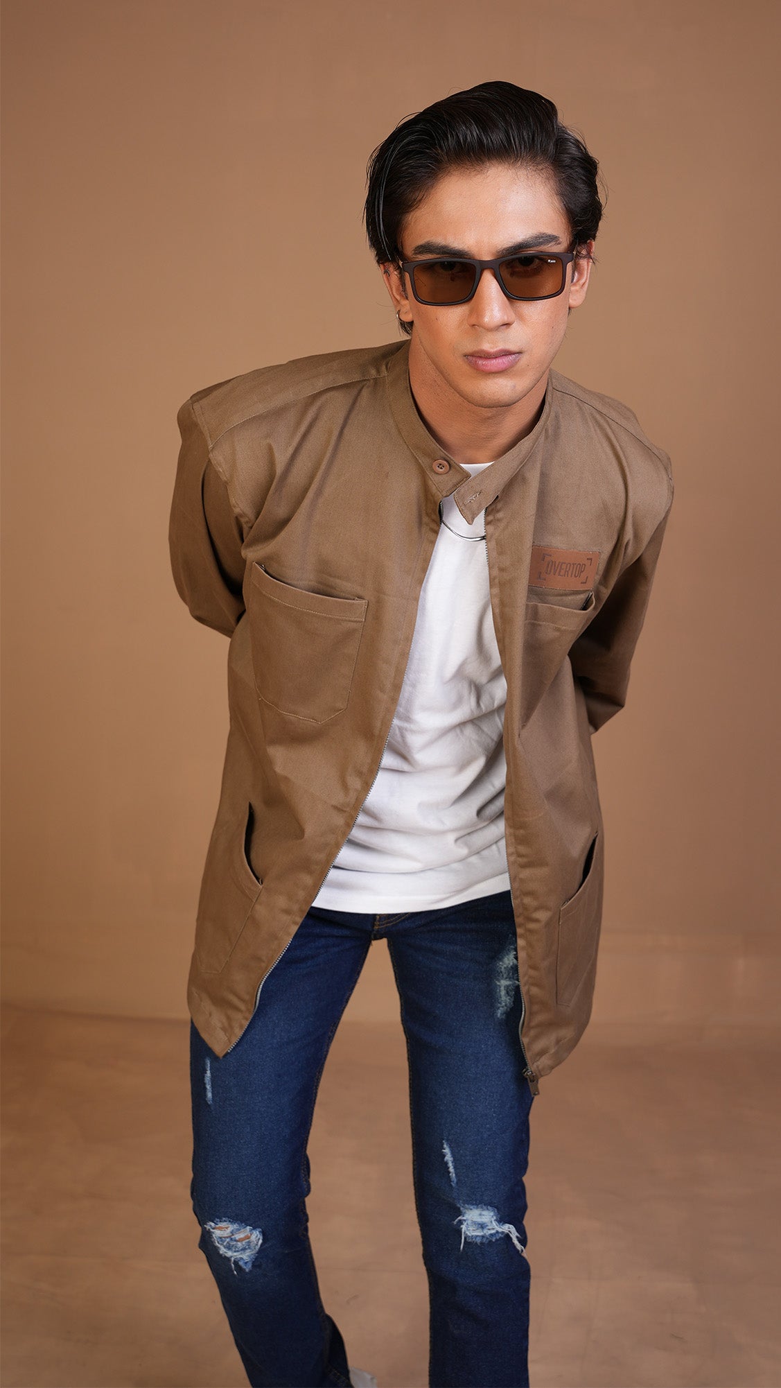 KHAKI BROWN ZIPPER OVERSHIRT