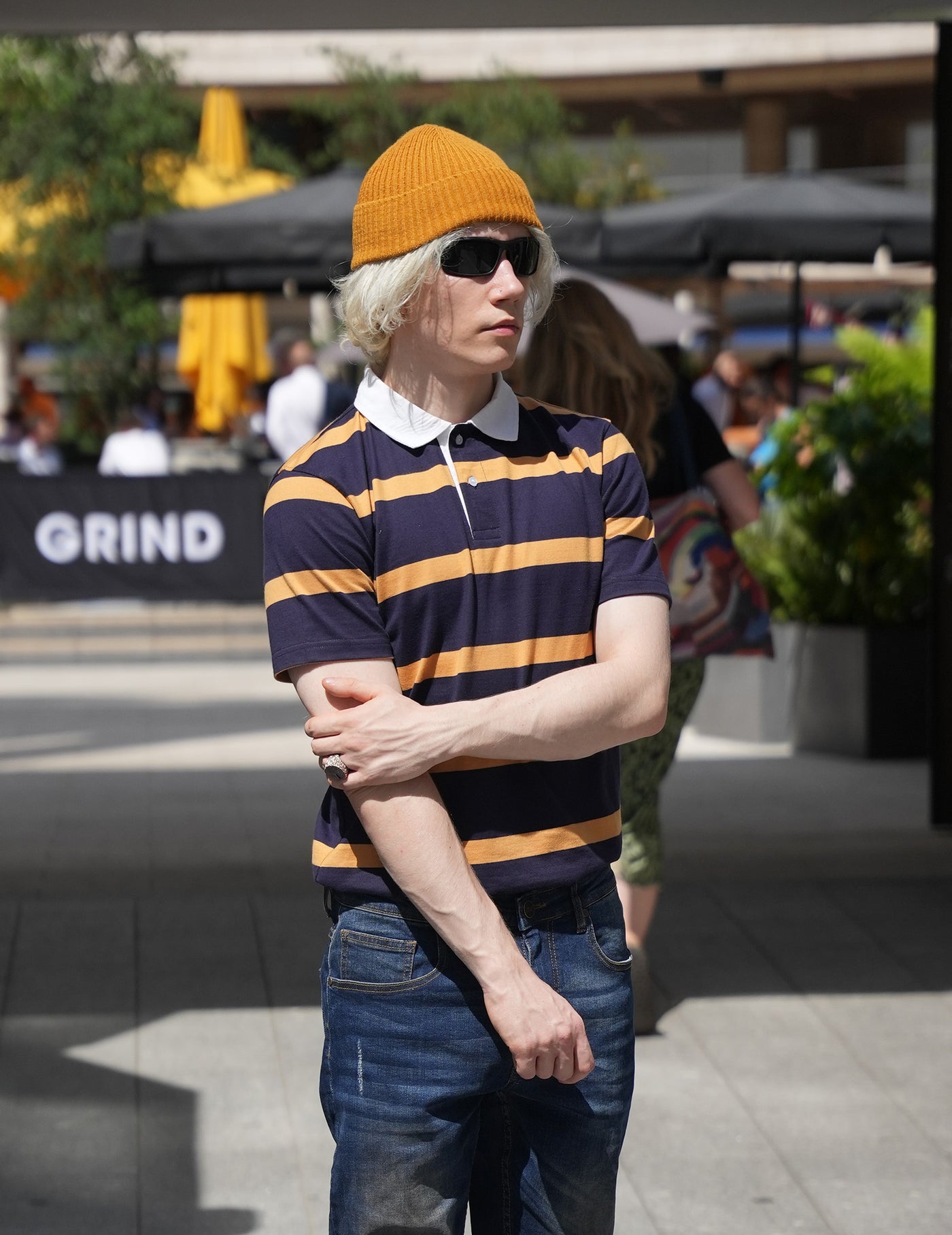 overtop stripe blue and yellow polo shirt