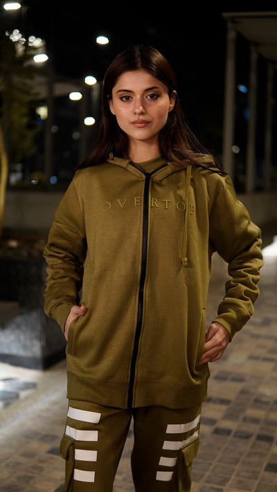 OLIVE OVERTOP ZIPPER PRINTED HOODIE -W