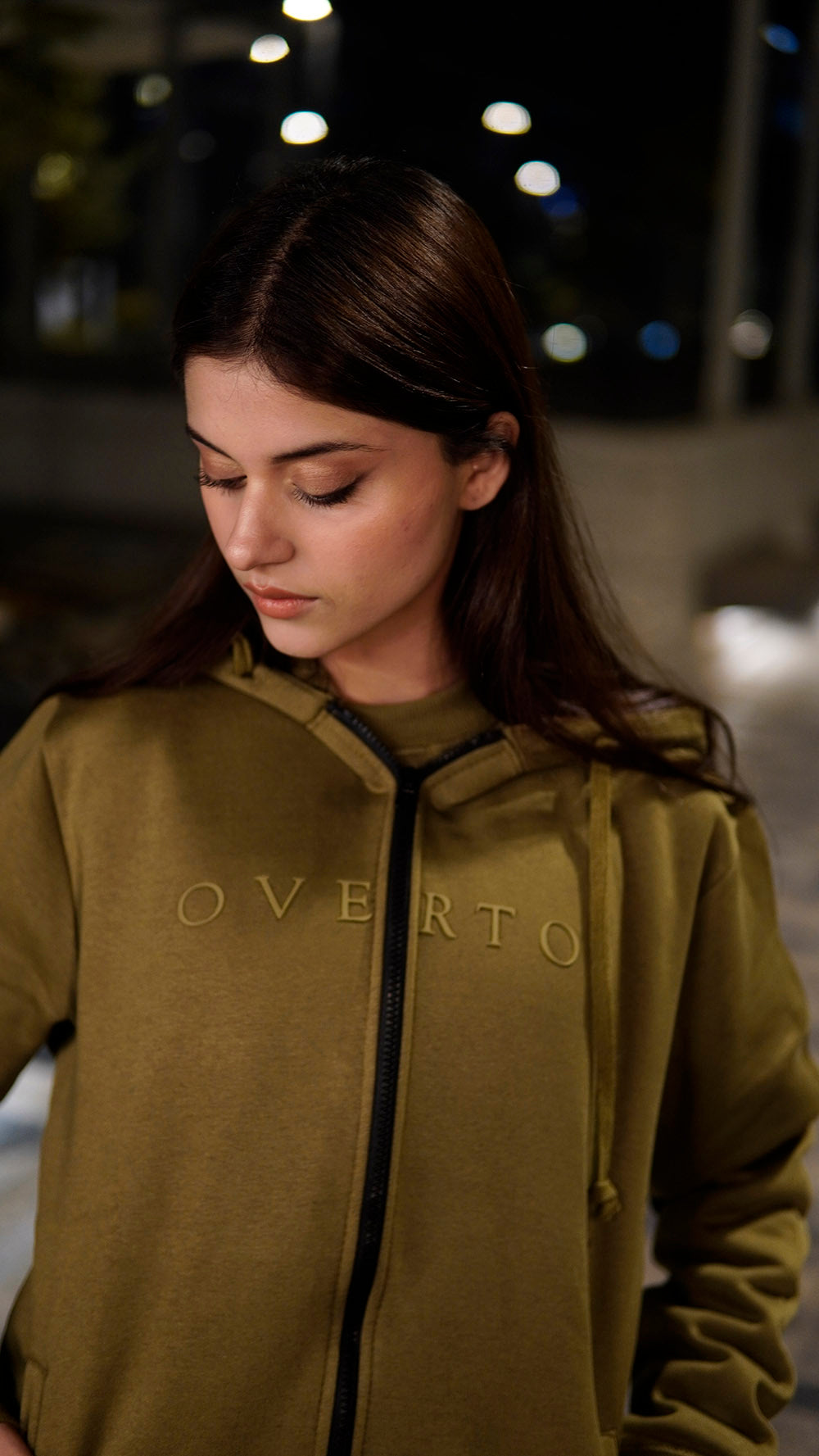 OLIVE OVERTOP ZIPPER PRINTED HOODIE -W