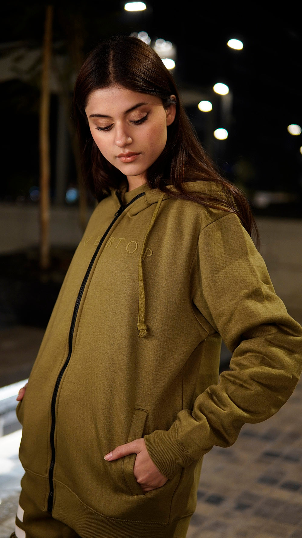 OLIVE OVERTOP ZIPPER PRINTED HOODIE -W