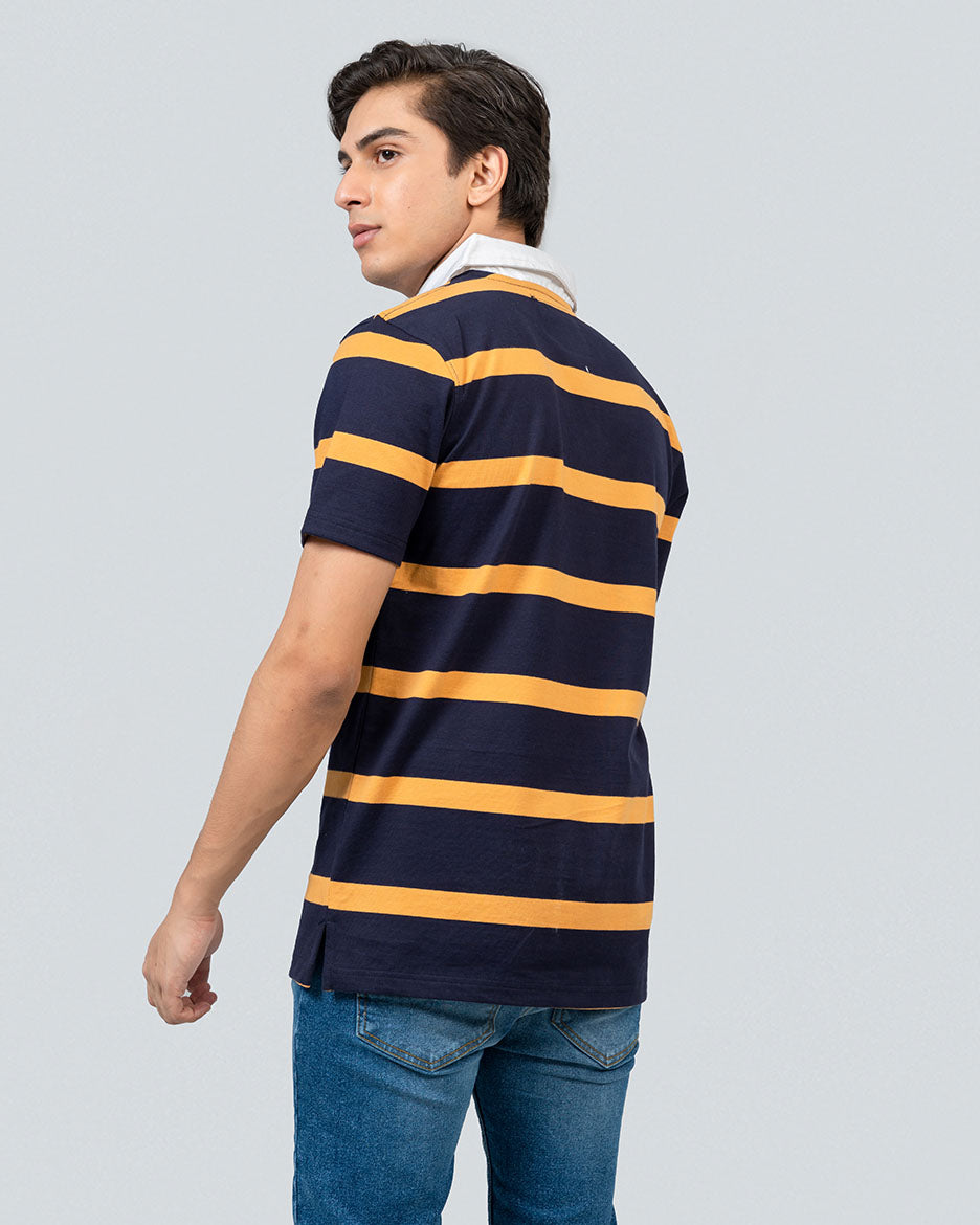 back of overtop blue and yellow striped polo shirt